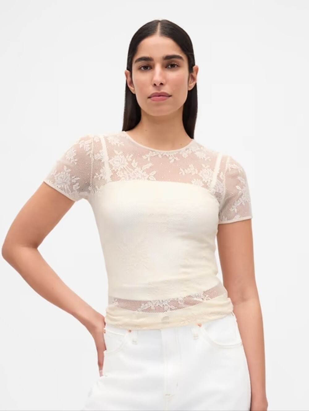GAP Cream Lace Short Sleeve Mesh Tee